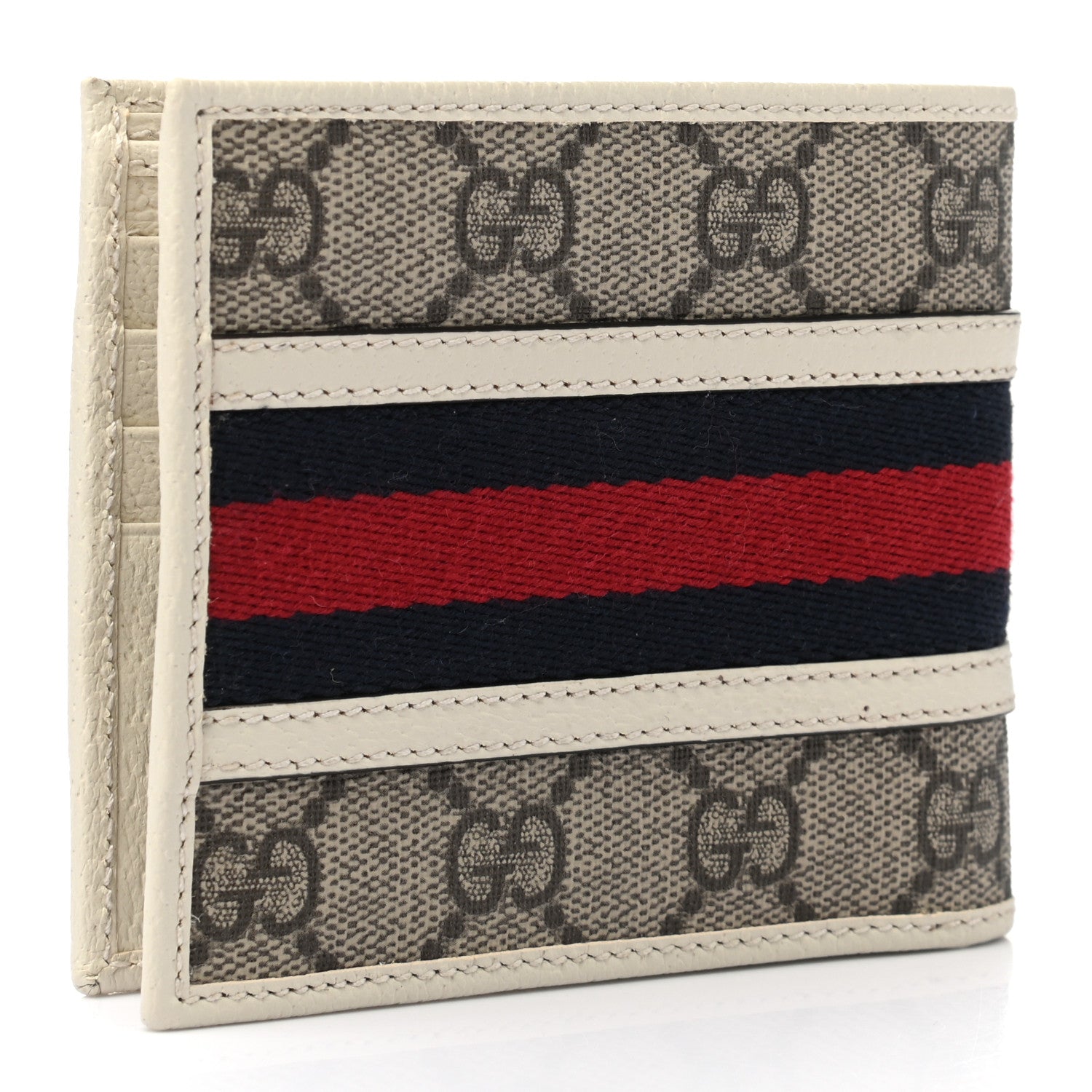 Gucci GG Supreme Monogram Textured Calfskin Web Mens Ophidia Bi-Fold Coin Wallet Beige Ebony Mystic White 3 of 9