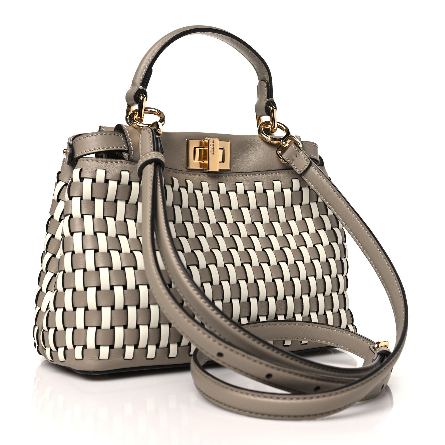 Fendi Calfskin Woven Mini Peekaboo Iconic Satchel Tortora White Ice 3 of 11