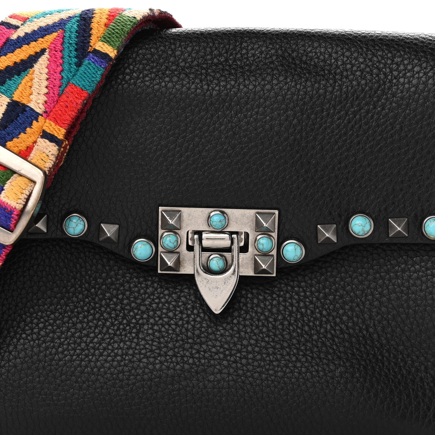 Valentino Garavani Pebbled Calfskin Medium Guitar Strap Rockstud Rolling Flap Saddle Bag Black 6 of 12