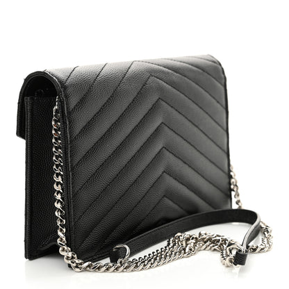 Saint Laurent Grain De Poudre Matelasse Chevron Monogram Envelope Chain Wallet Black 2 of 13