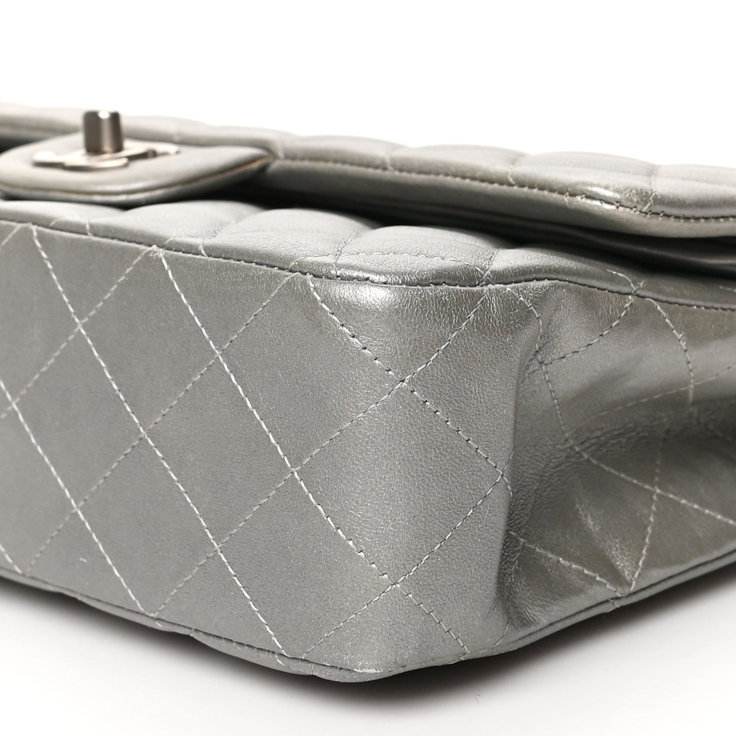 Metallic Lambskin Quilted Medium Double Flap Silver