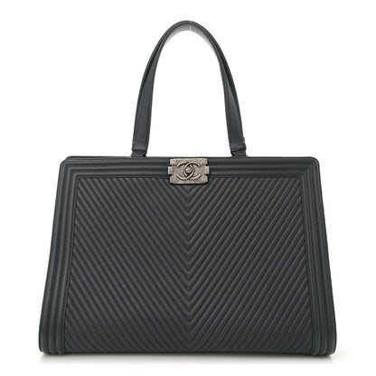 Chanel Calfskin Chevron Quilted Boy Shopping Tote Grey 1 of 12