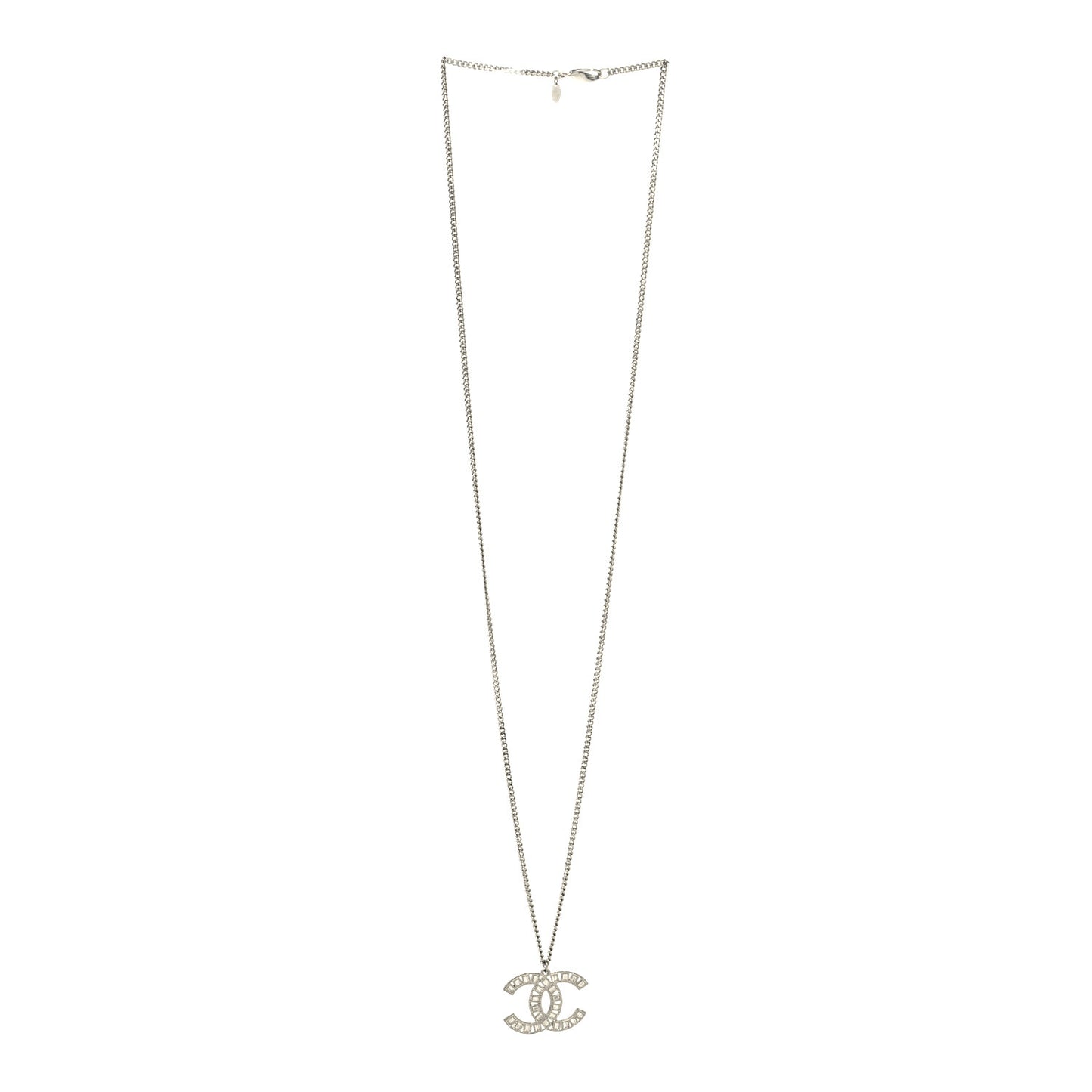 Metal Crystal CC Long Chain Necklace Silver