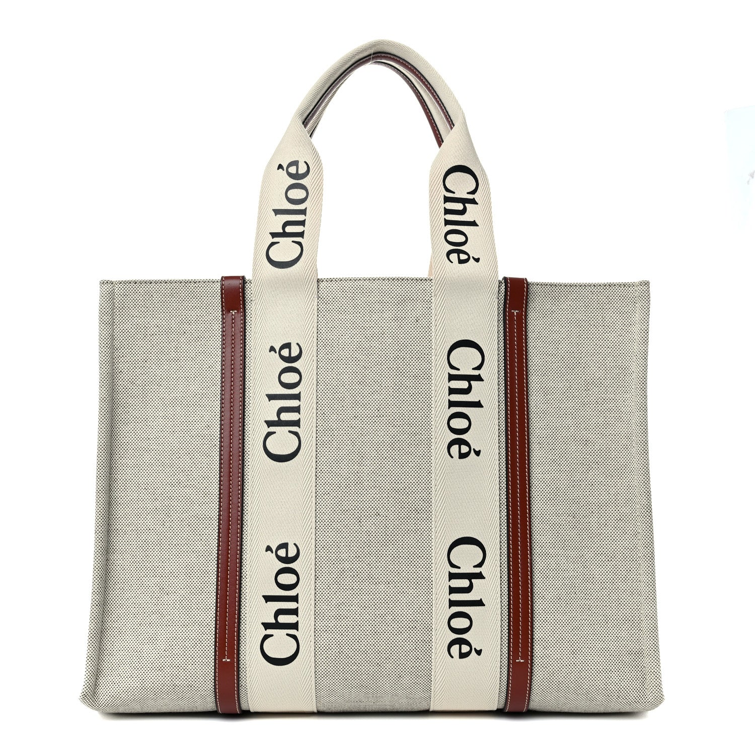 Chloe Cotton Calfskin Large Woody Ribbon Tote White Brown 1 of 9