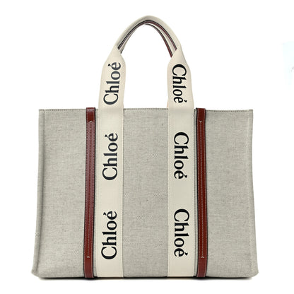 Chloe Cotton Calfskin Large Woody Ribbon Tote White Brown 1 of 9