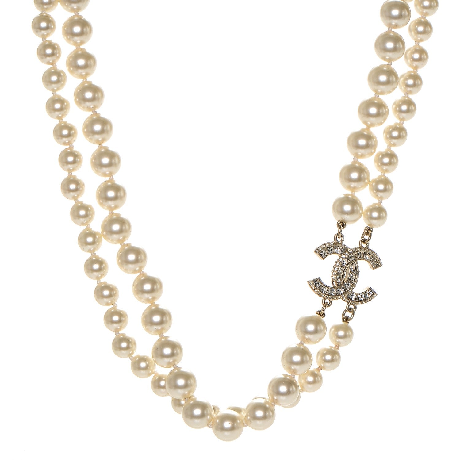 Chanel Baguette Crystal Pearl CC Double Strand Necklace Gold 1 of 4