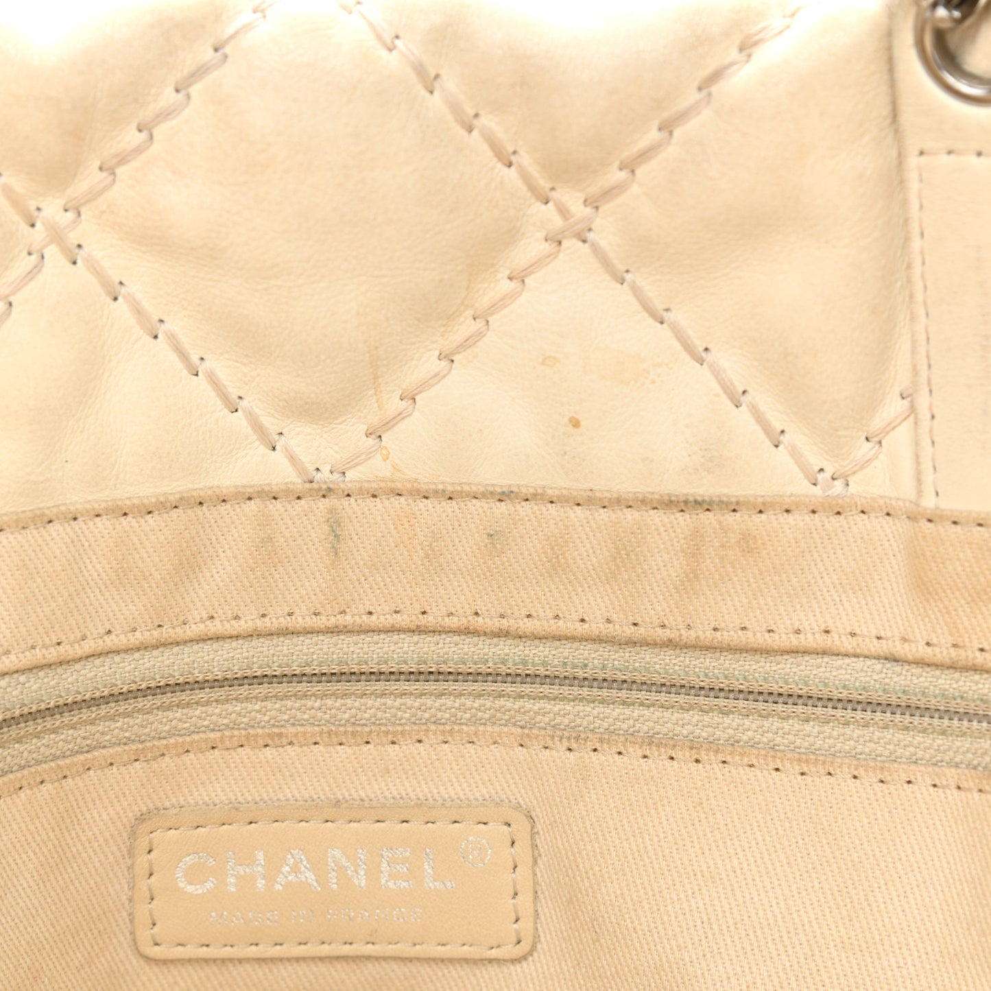 Calfskin Contrast Stitch Tote Beige