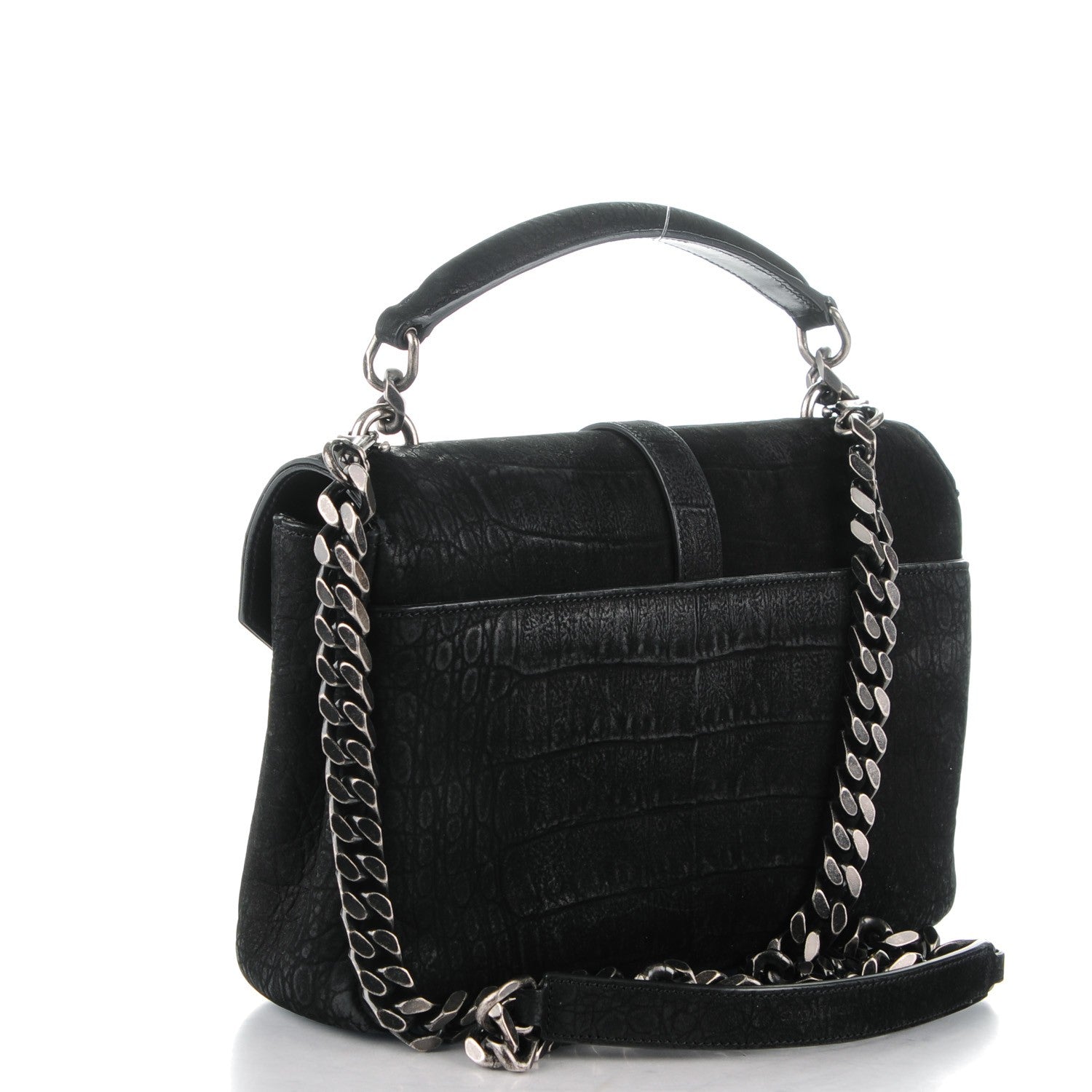 Saint Laurent Crocodile Embossed Nubuck Monogram Medium College Satchel Black 3 of 9