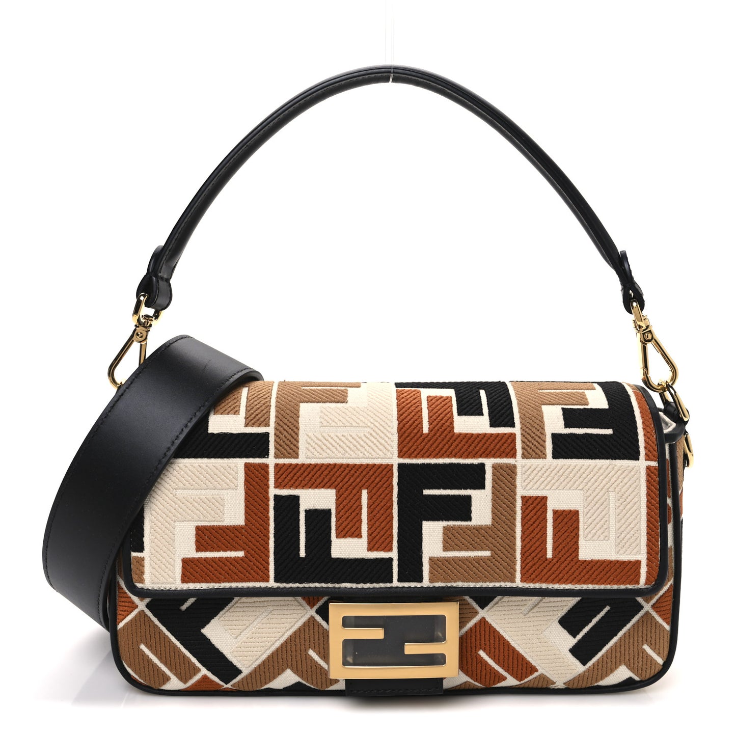 Canvas Vitello Seta FF Multicolor Embroidered Baguette Brandy Black