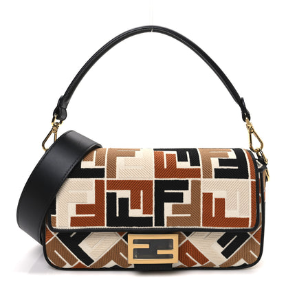 Fendi Canvas Vitello Seta FF Multicolor Embroidered Baguette Brandy Black 1 of 11