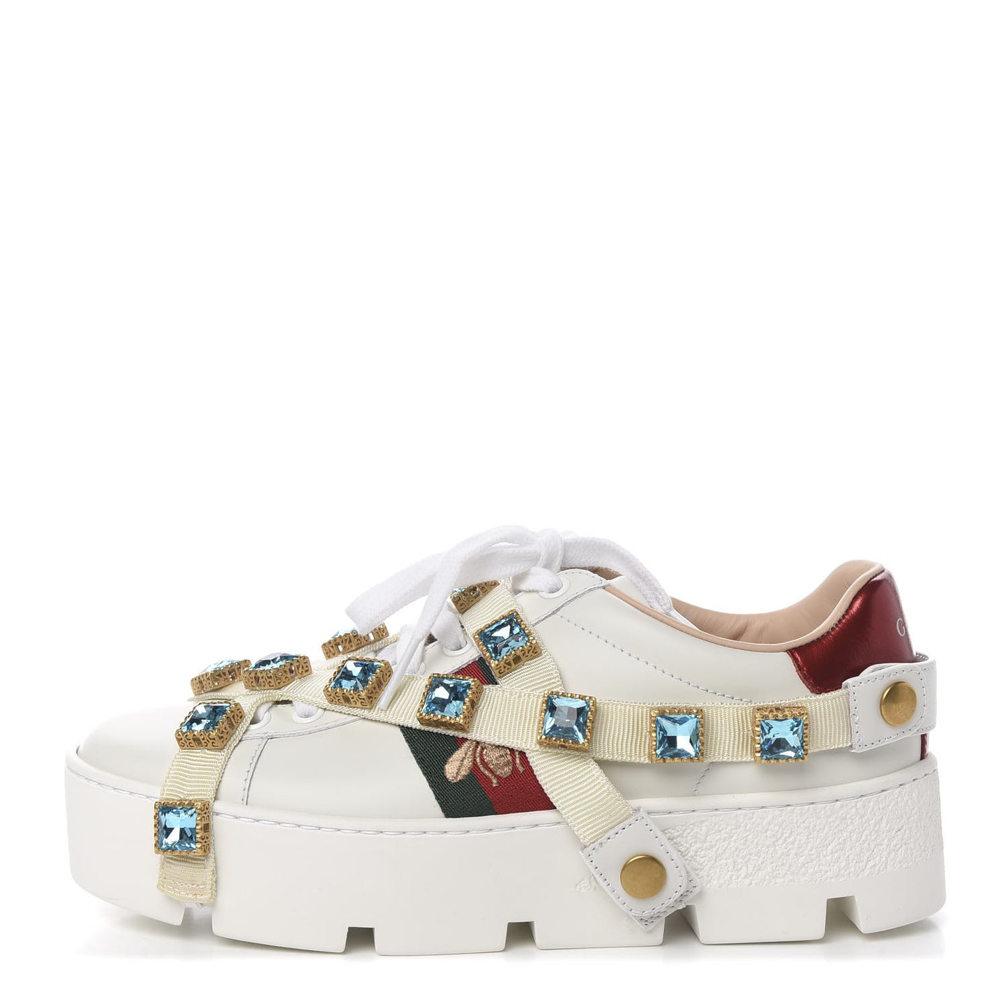 Calfskin Removable Crystals Bee Embroidered Womens Ace Platform Sneakers 35 White