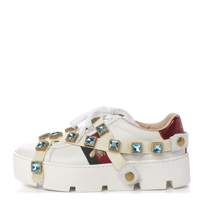Gucci Calfskin Removable Crystals Bee Embroidered Womens Ace Platform Sneakers 35 White 1 of 11