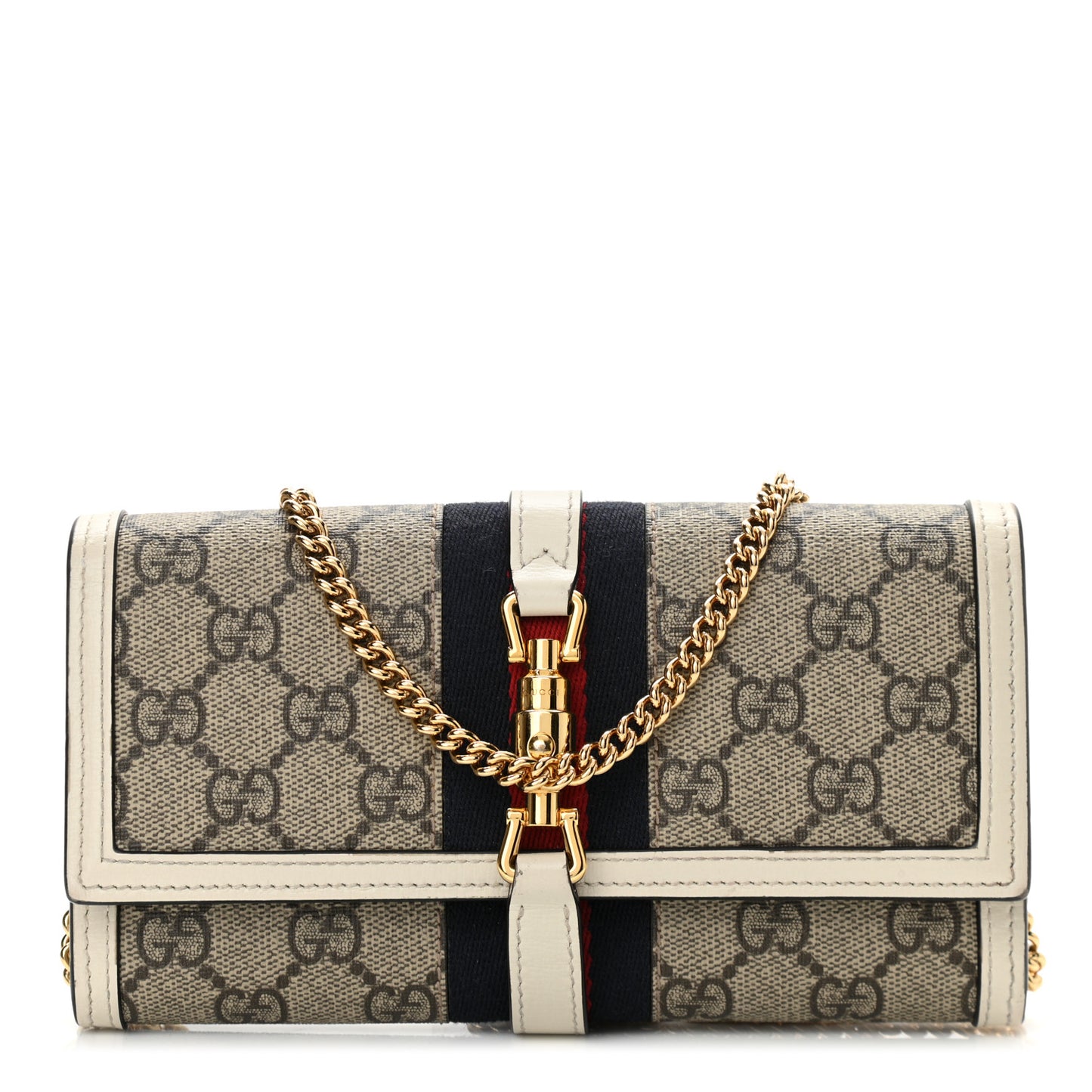 GG Supreme Monogram Textured Calfskin Web Jackie 1961 Chain Wallet Beige Ebony Mystic White