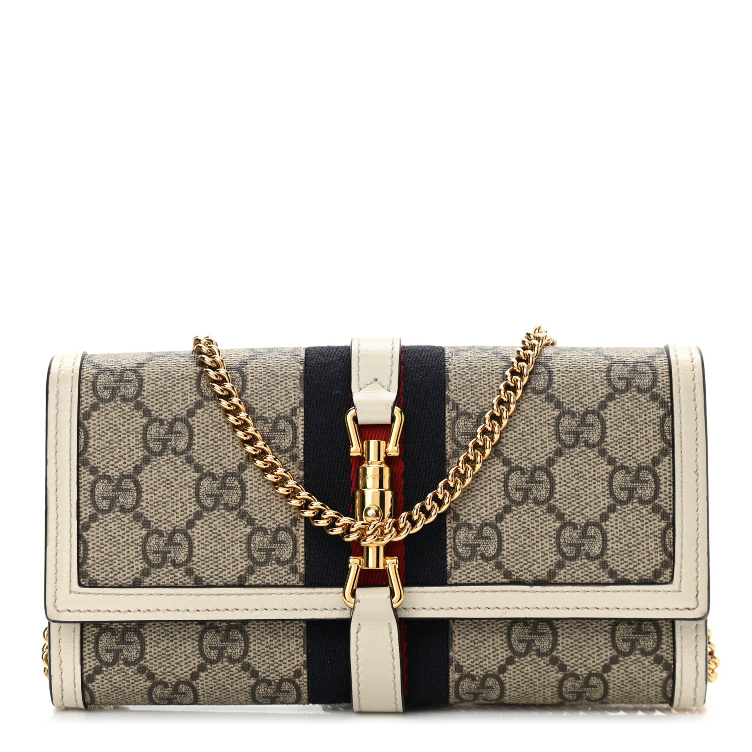 Gucci GG Supreme Monogram Textured Calfskin Web Jackie 1961 Chain Wallet Beige Ebony Mystic White 1 of 10