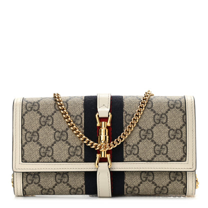 Gucci GG Supreme Monogram Textured Calfskin Web Jackie 1961 Chain Wallet Beige Ebony Mystic White 1 of 10