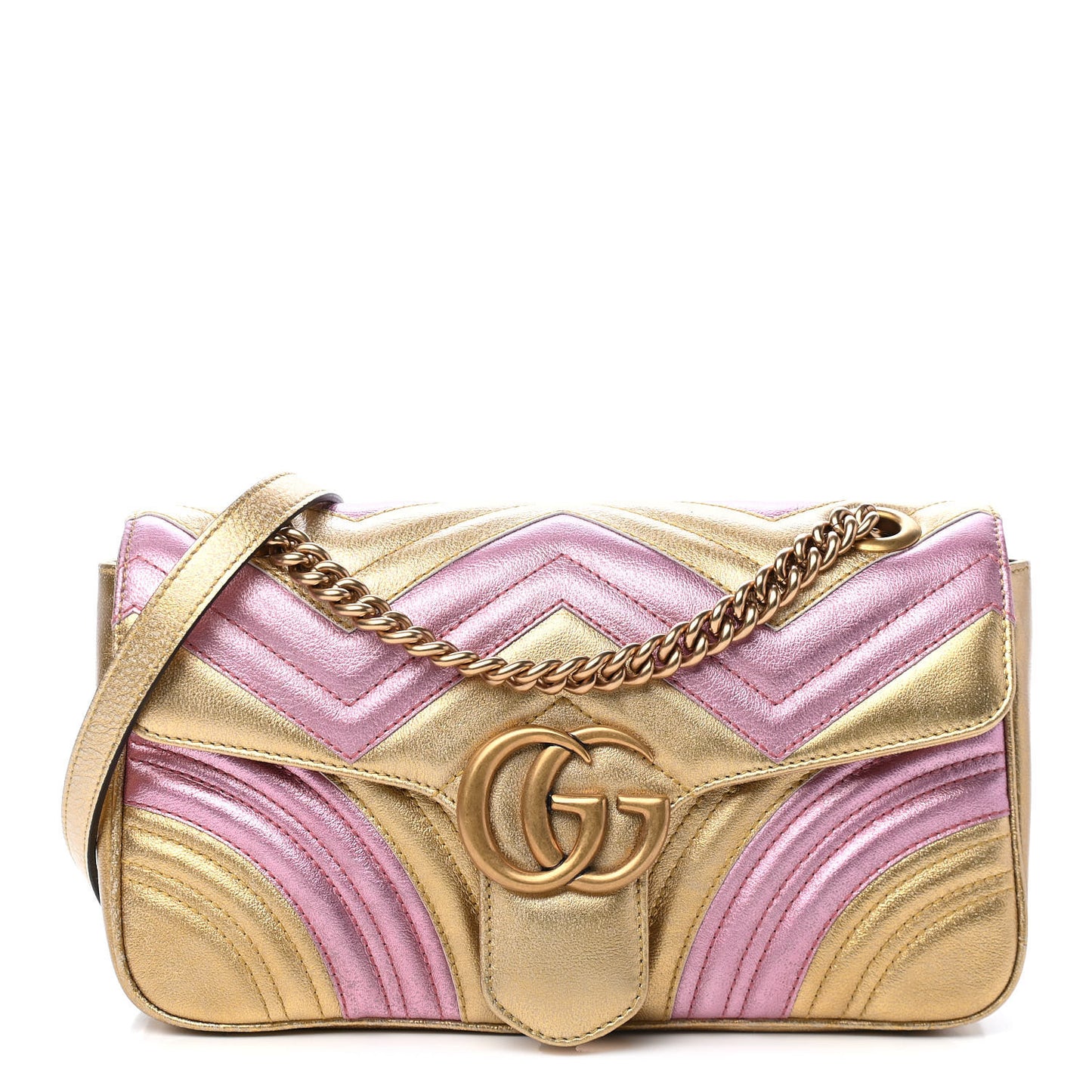 Metallic Calfskin Matelasse Small GG Marmont Shoulder Bag Gold Pink