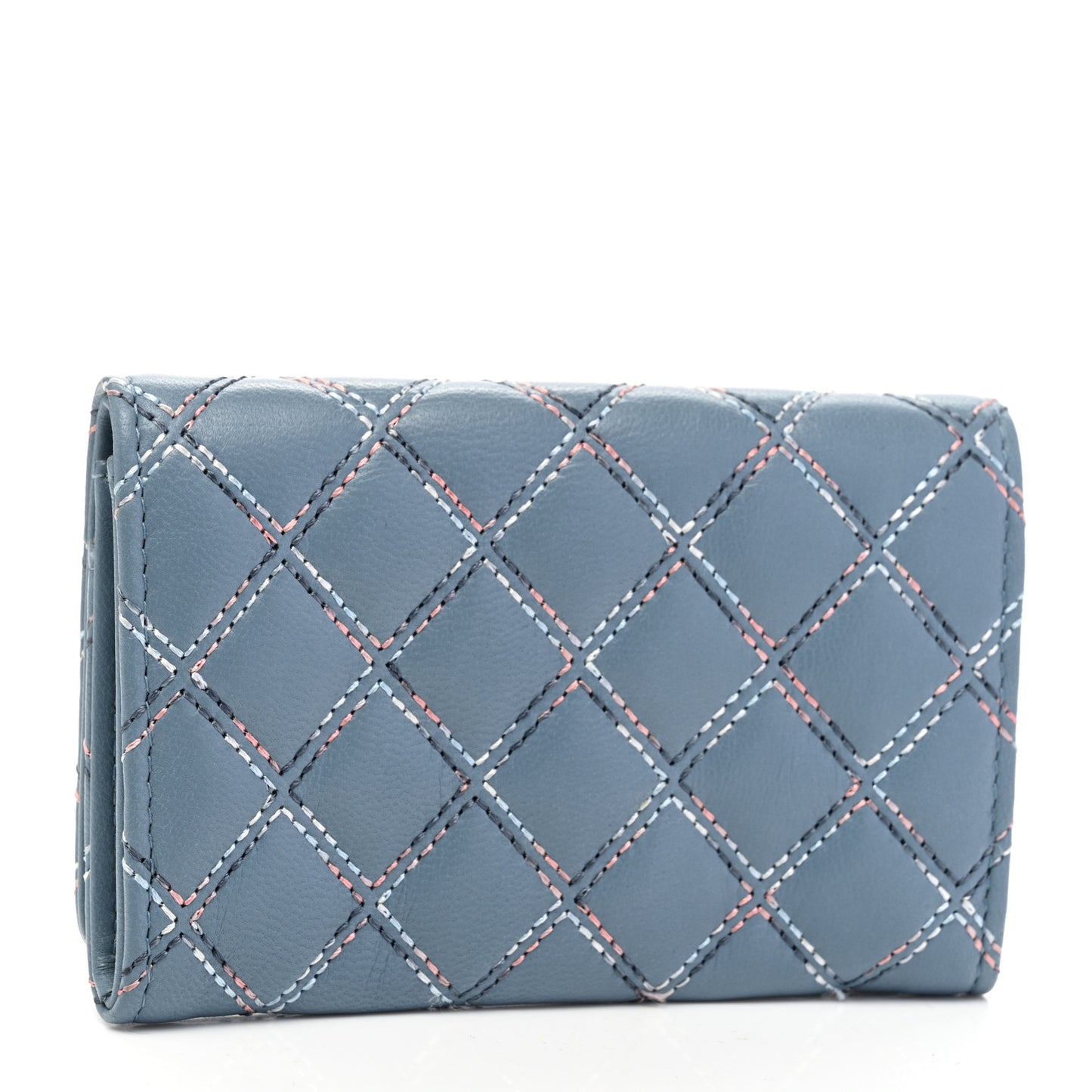 Lambskin Double Stitch Quilted Flap Card Holder Light Blue