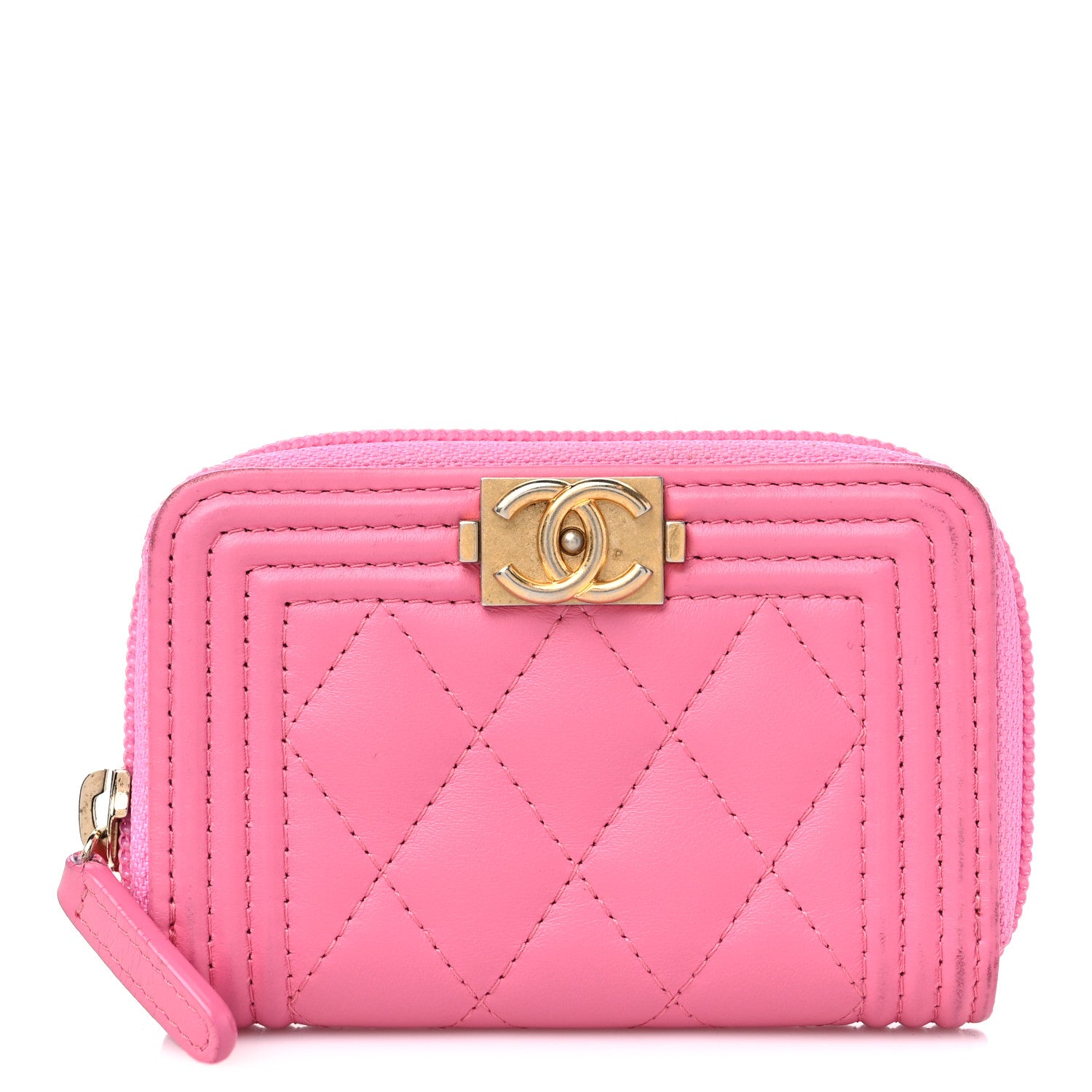 Chanel Calfskin Quilted Boy Zip Around Coin Purse Wallet Pink 1 of 12