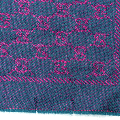 Gucci Wool GG Monogram Reversible New Sten Fringe Scarf Petroleum Blue Pink 11 of 12
