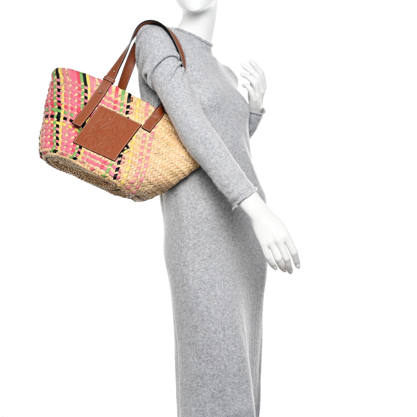 Raffia Basket Tote Bag Pink Multicolor