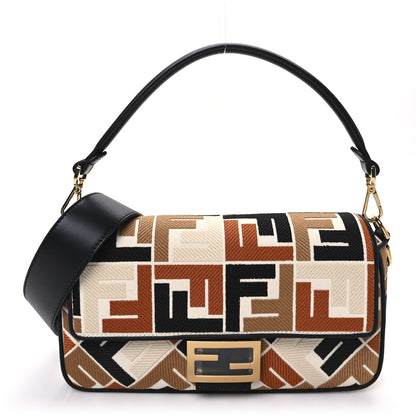Fendi Canvas Vitello Seta FF Multicolor Embroidered Baguette Brandy Black 1 of 10