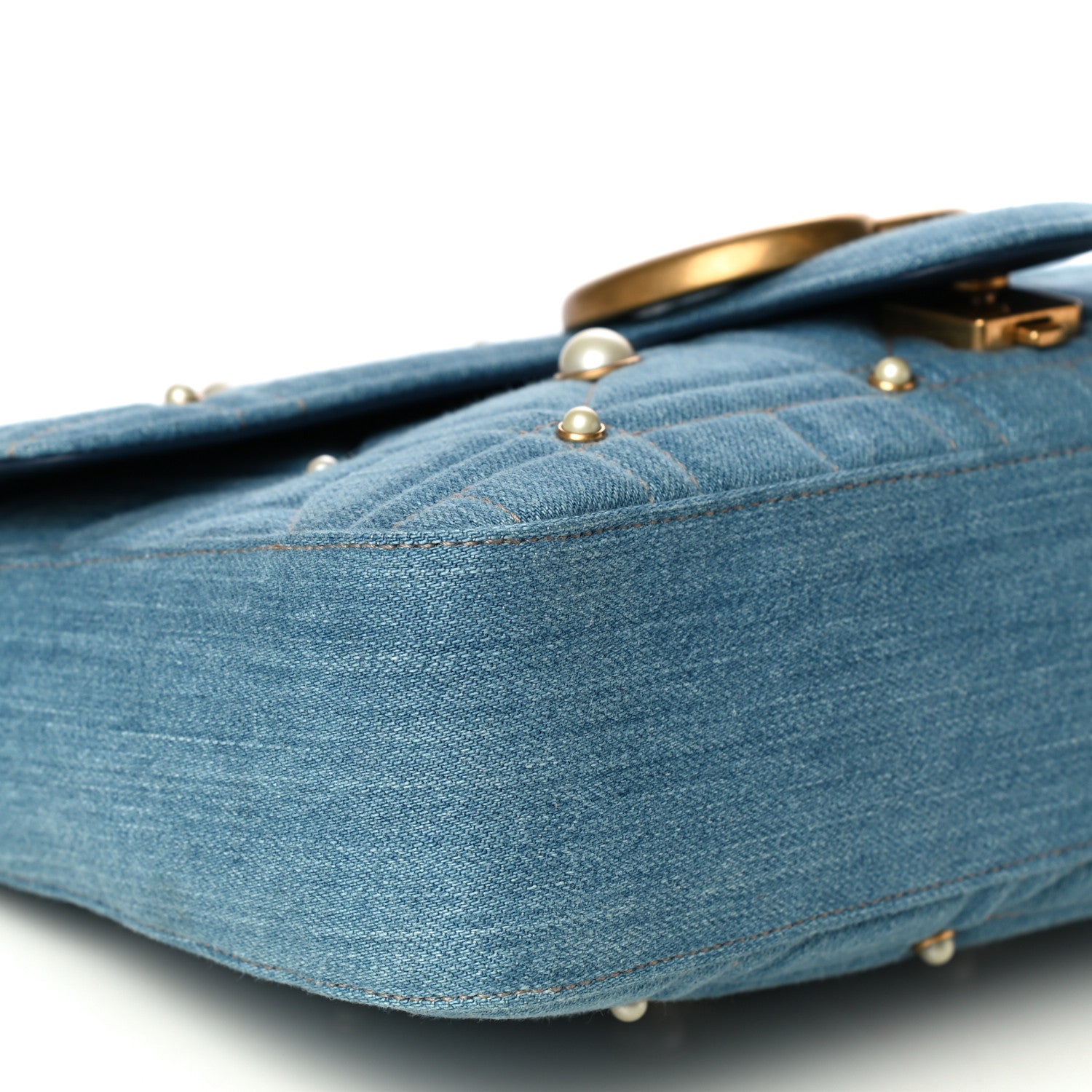 Gucci Kura Denim Matelasse Cubic Pearl Studded Medium GG Marmont Shoulder Bag Blue 9 of 13