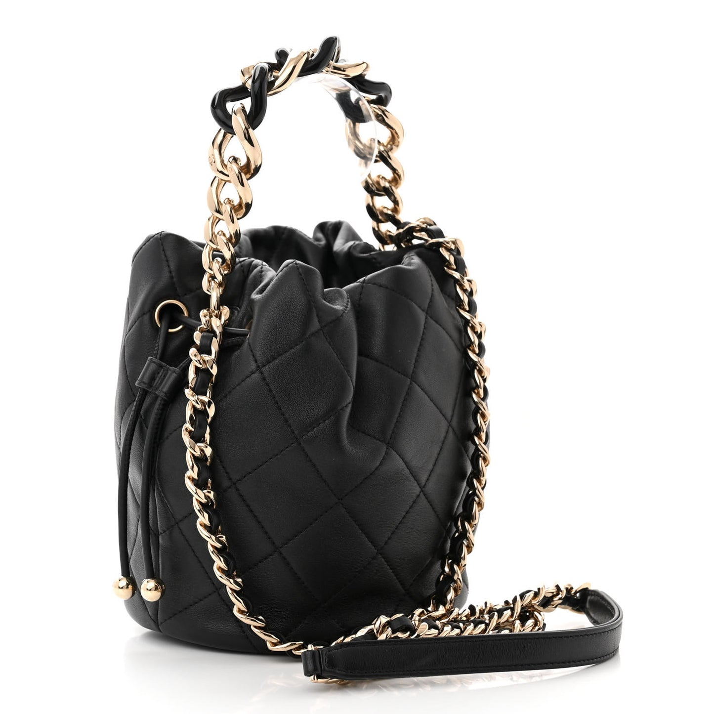 Shiny Lambskin Quilted Chain Is More Drawstring Bag Black