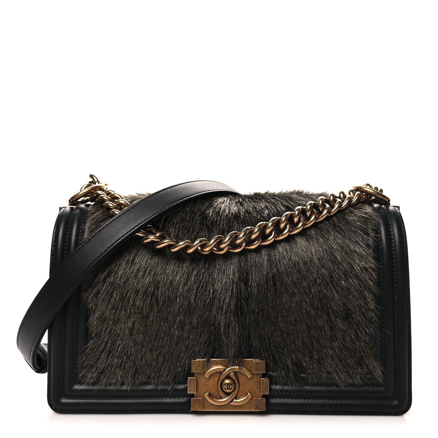 Fur Calfskin Medium Boy Flap Black