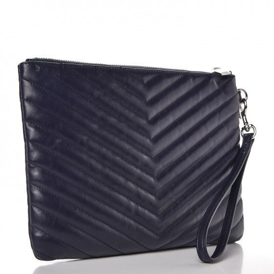 Calfskin Matelasse Chevron Monogram A5 Wristlet Medium Blue
