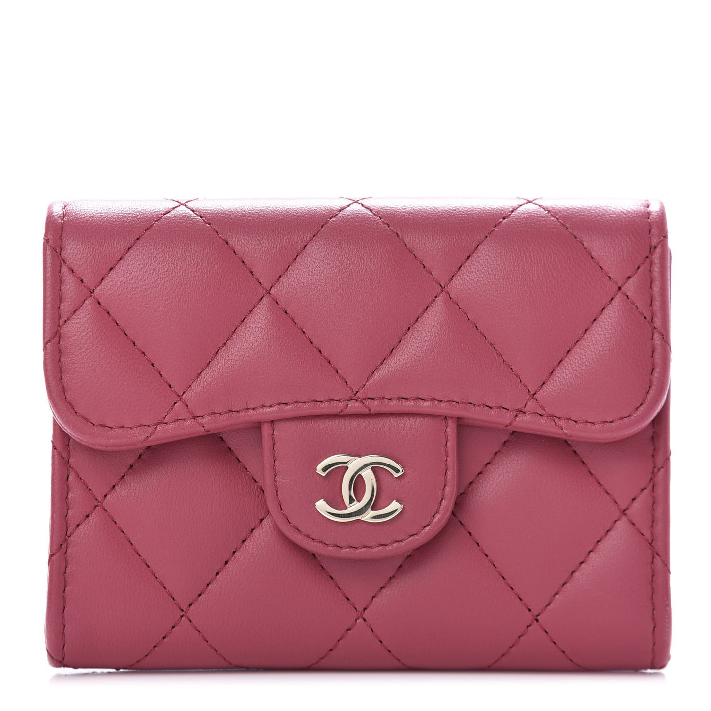 Lambskin Quilted Flap Card Holder Wallet Dark Pink