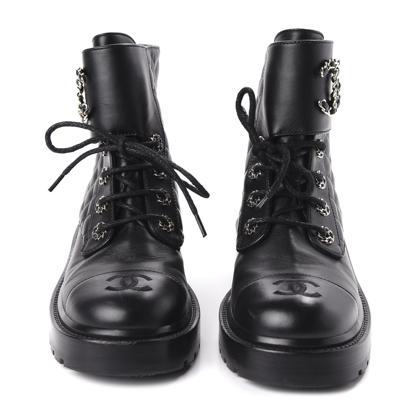 Lambskin Calfskin Quilted Lace Up Combat Boots 37.5 Black