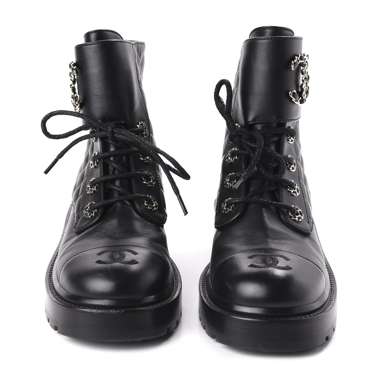 Chanel Lambskin Calfskin Quilted Lace Up Combat Boots 37.5 Black 2 of 9