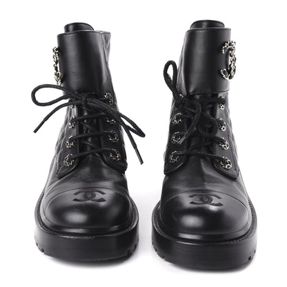 Chanel Lambskin Calfskin Quilted Lace Up Combat Boots 37.5 Black 2 of 9
