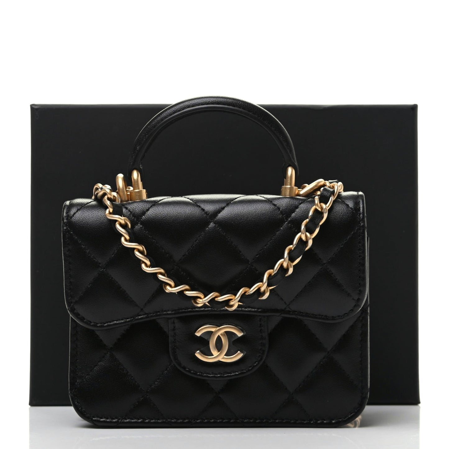Lambskin Quilted Top Handle Flap Coin Purse With Chain Black