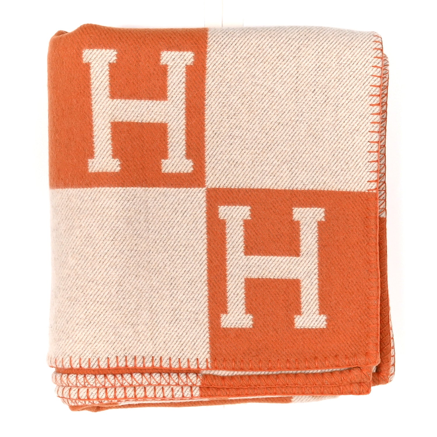 Hermes Wool Cashmere Signature Classic Avalon Blanket Ecru Potiron 1 of 4
