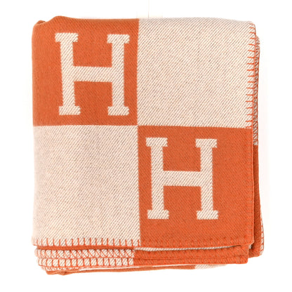 Hermes Wool Cashmere Signature Classic Avalon Blanket Ecru Potiron 1 of 4