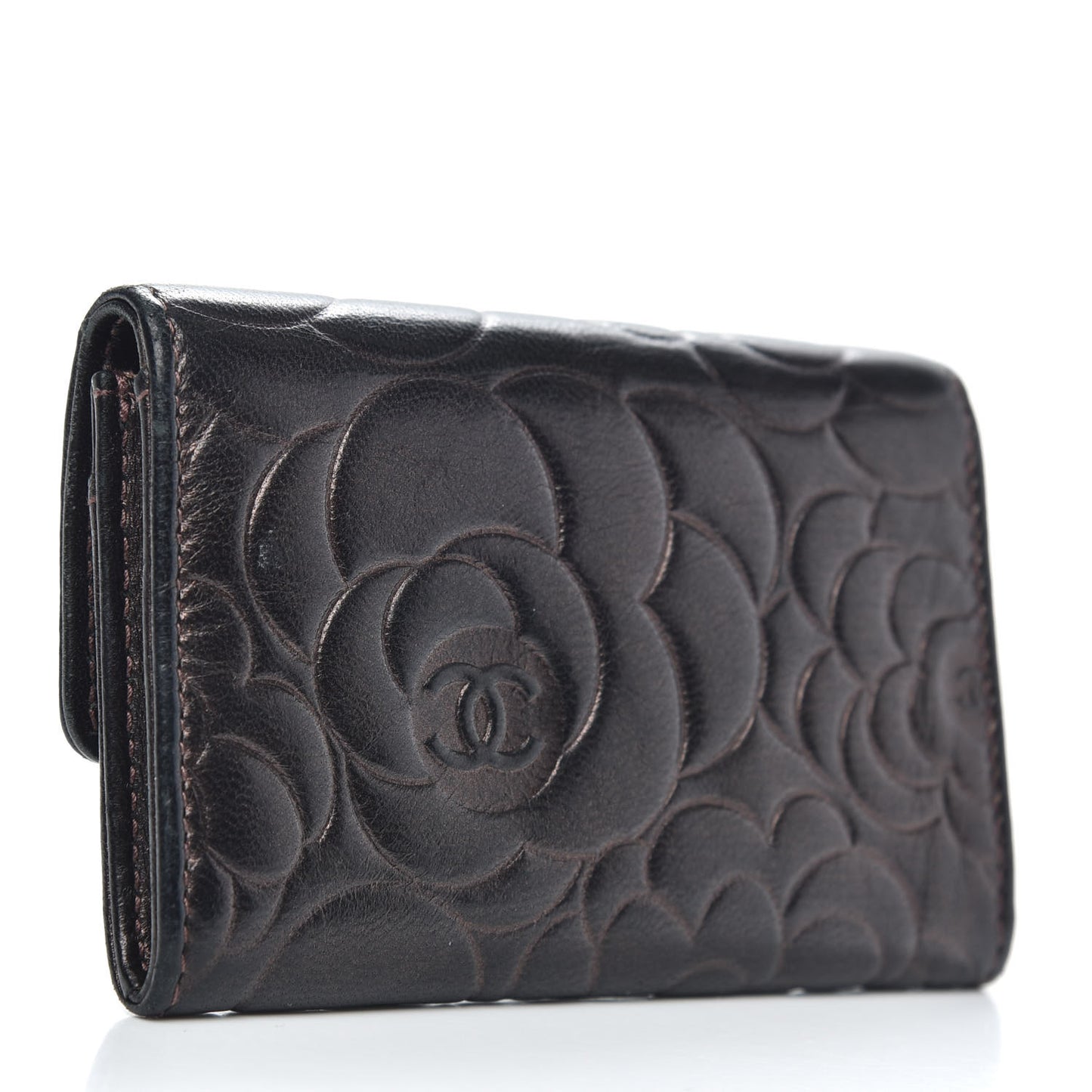 Lambskin Camellia Embossed Flap Card Holder Brown