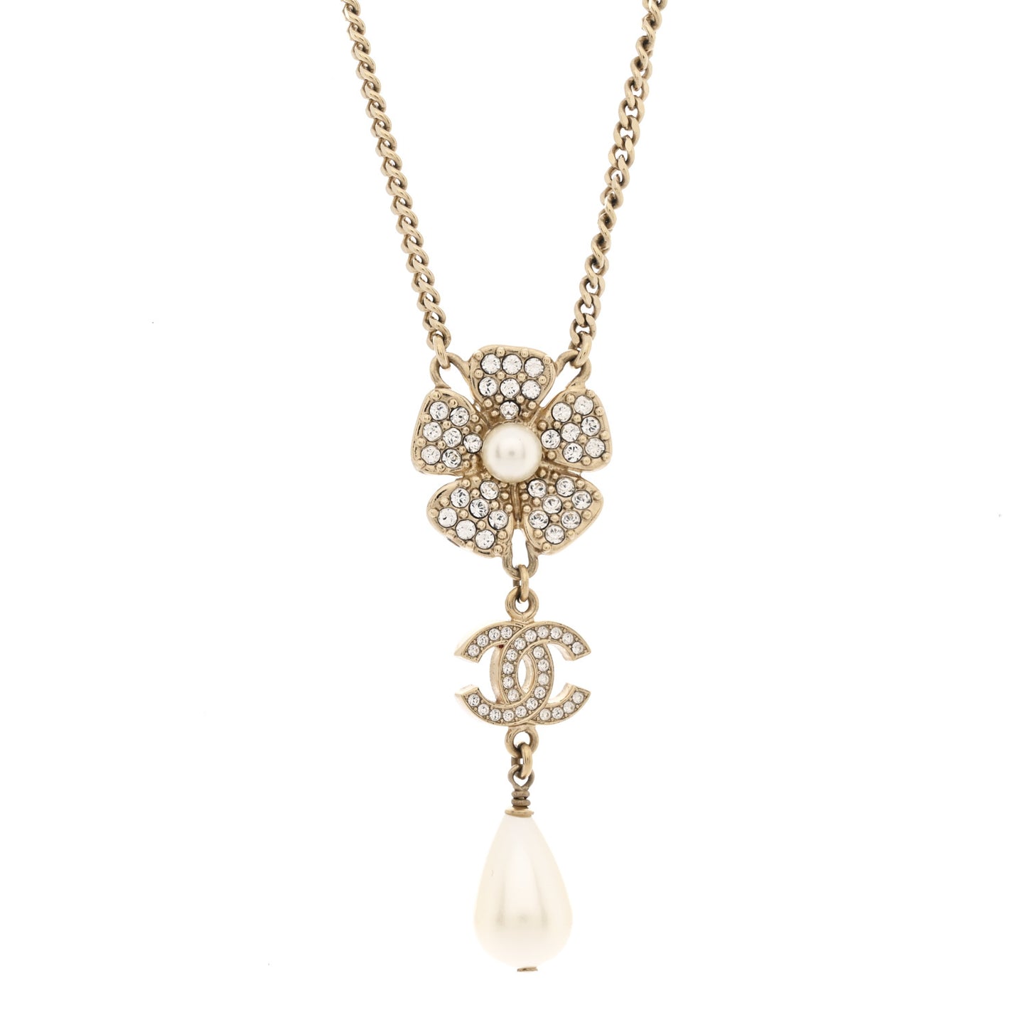 Crystal Pearl CC Flower Drop Necklace Gold