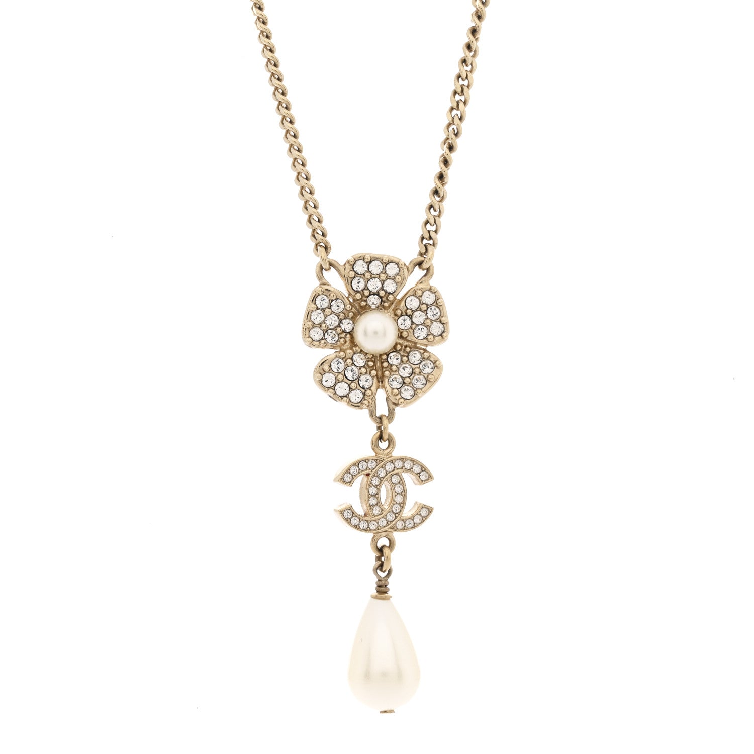 Chanel Crystal Pearl CC Flower Drop Necklace Gold 4 of 7