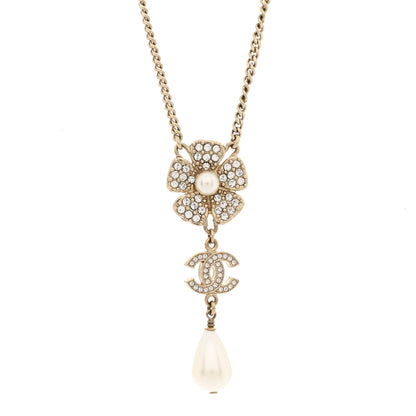 Chanel Crystal Pearl CC Flower Drop Necklace Gold 4 of 7