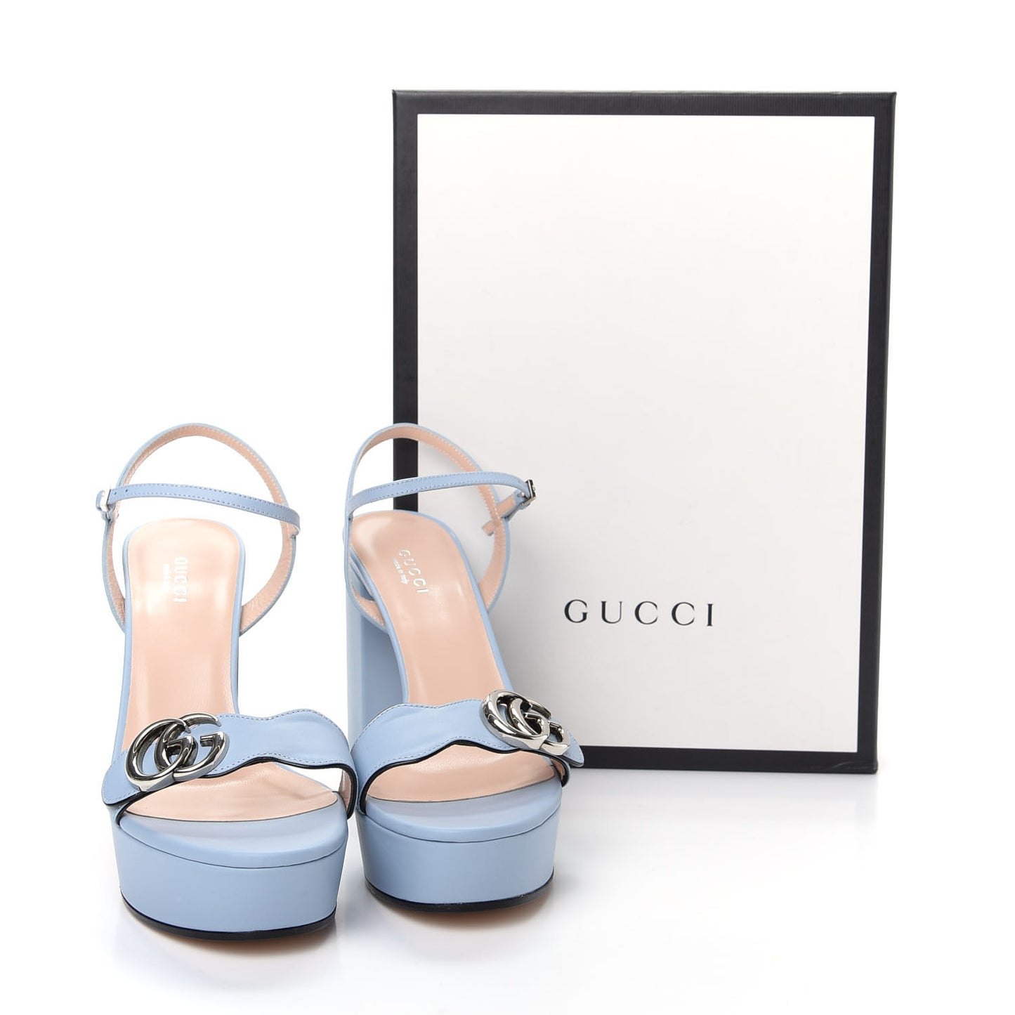 Calfskin GG Marmont Ankle Wrap 30/115mm Platform Sandals 38 Porcelain Light Blue