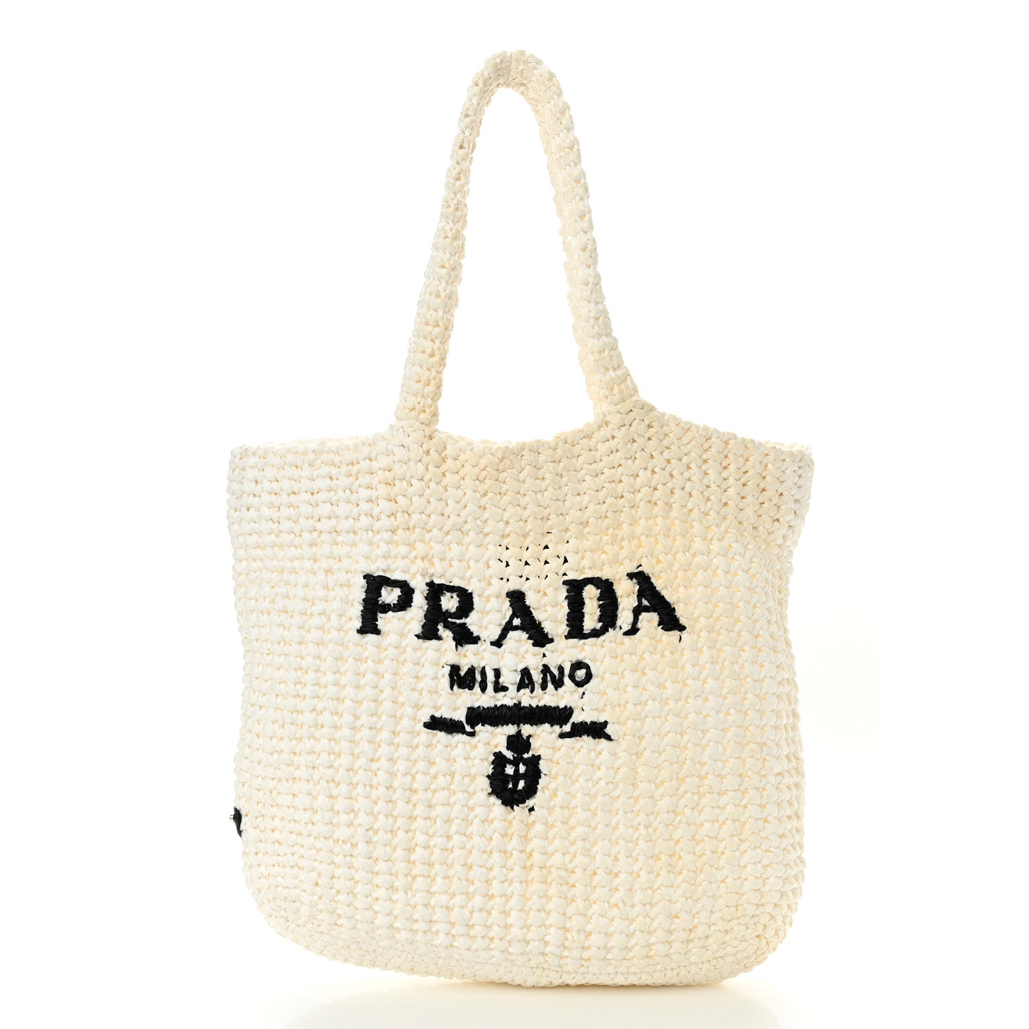Prada Yarn Raffia Effect Crochet Embroidered Small Logo Tote White 1 of 11