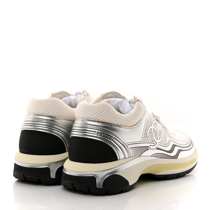 Chanel Fabric Laminated Calfskin Stretch CC Womens Sneakers 38.5 White Silver 4 of 9