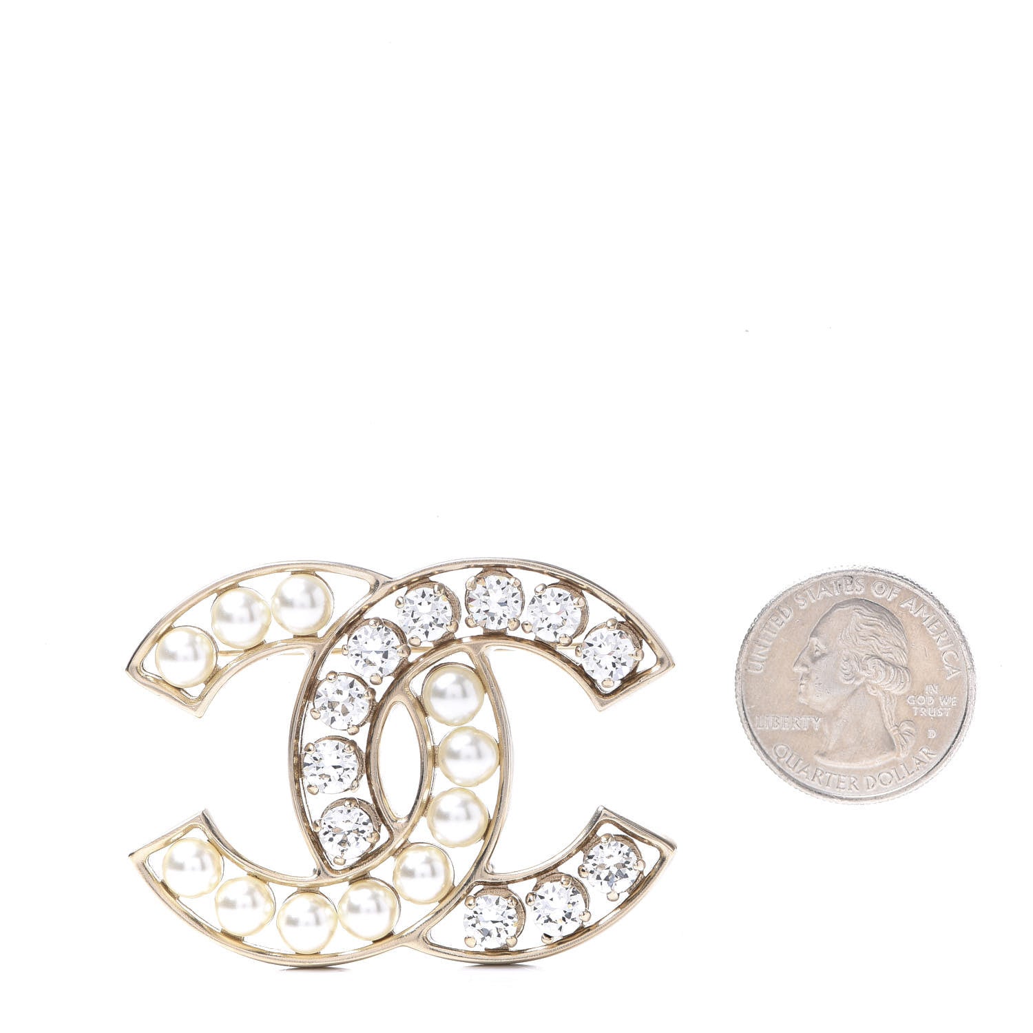 Chanel Pearl Crystal CC Brooch Gold Pearly White 2 of 4