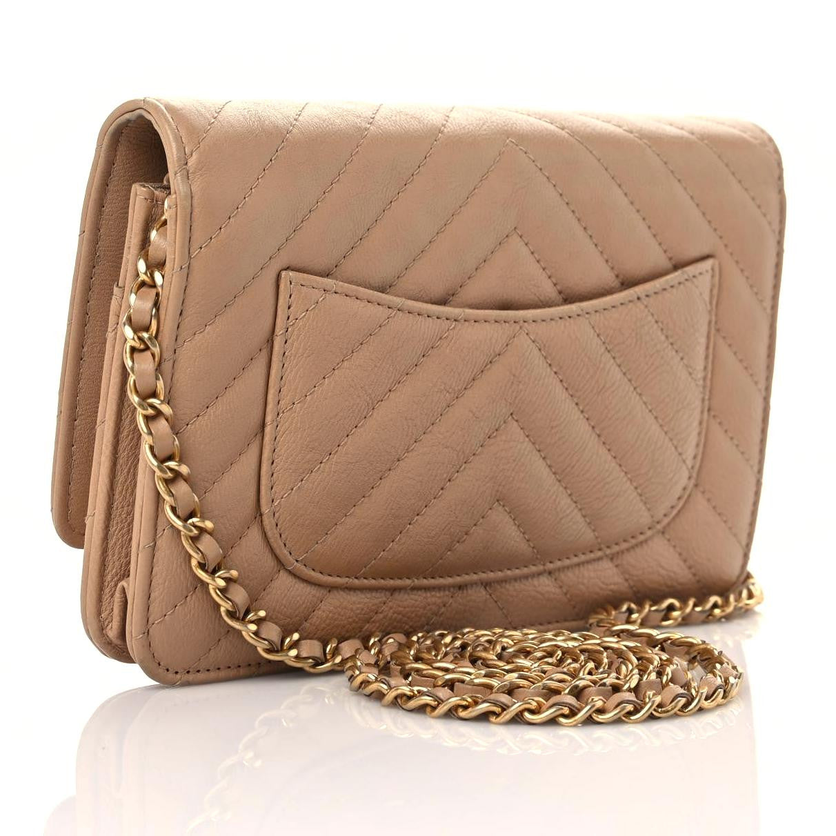 Calfskin Chevron Quilted Wallet On Chain WOC Beige