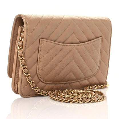 Chanel Calfskin Chevron Quilted Wallet On Chain WOC Beige 2 of 19