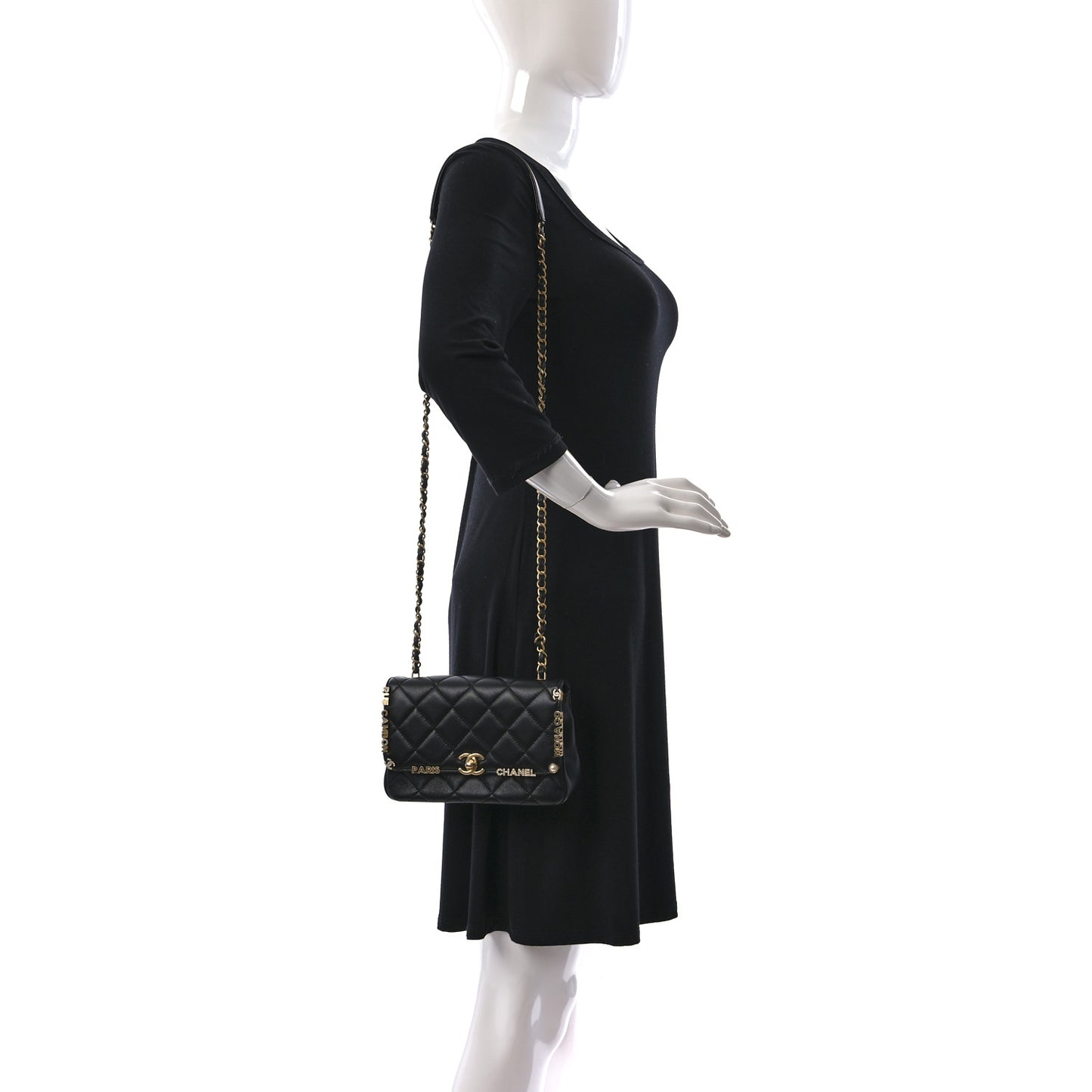 Lambskin Enamel Strass Quilted Mini Paris Monaco Flap Black