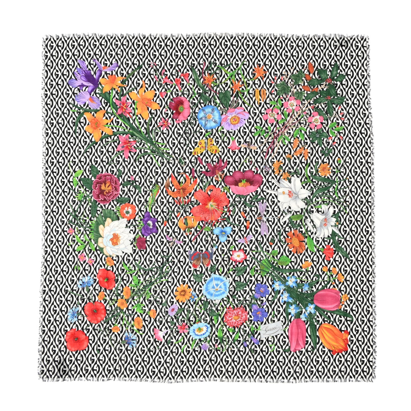 Silk Rhombus Flora Scarf Black Multicolor