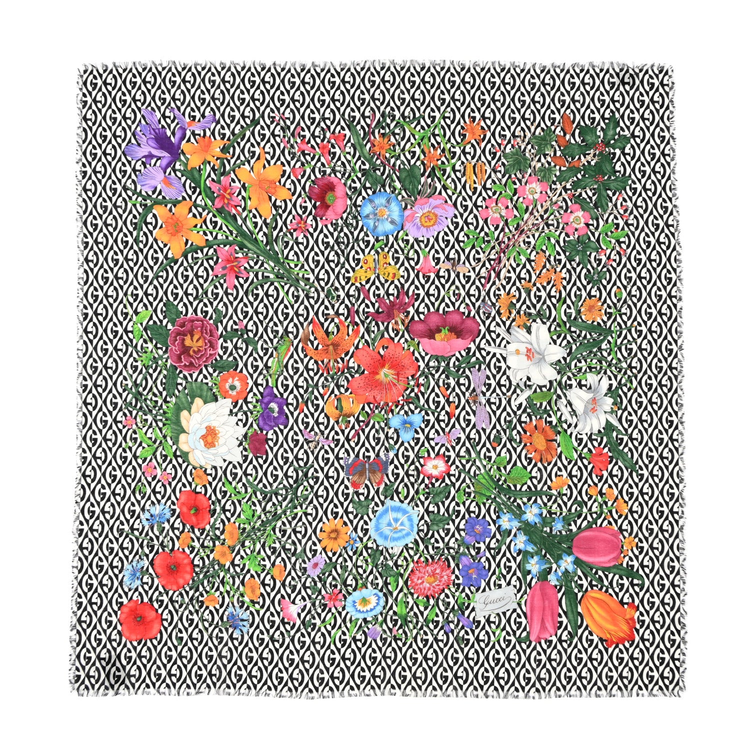 Gucci Silk Rhombus Flora Scarf Black Multicolor 1 of 8