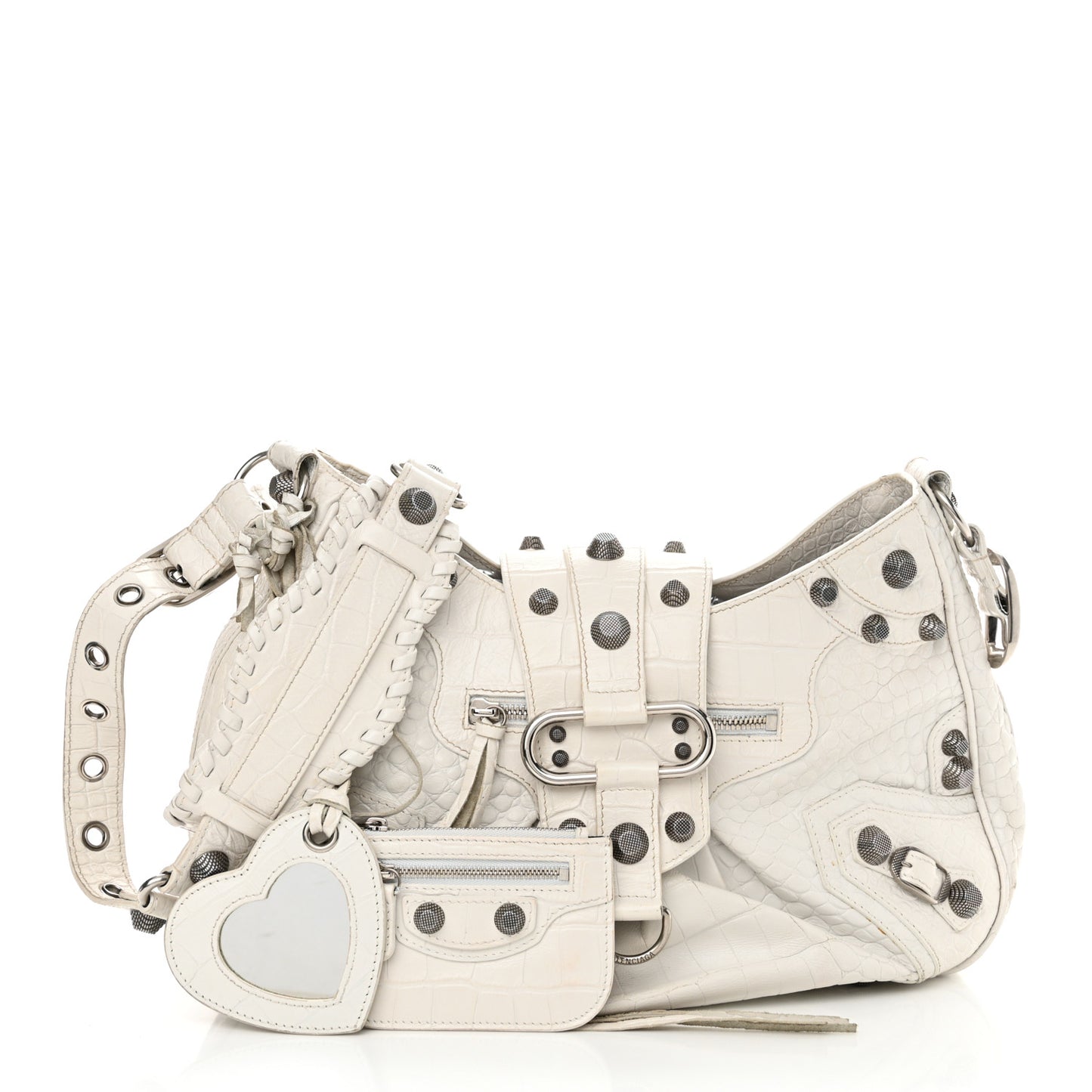 Extra Supple Calfskin Crocodile Embossed Medium Le Cagole Shoulder Bag White